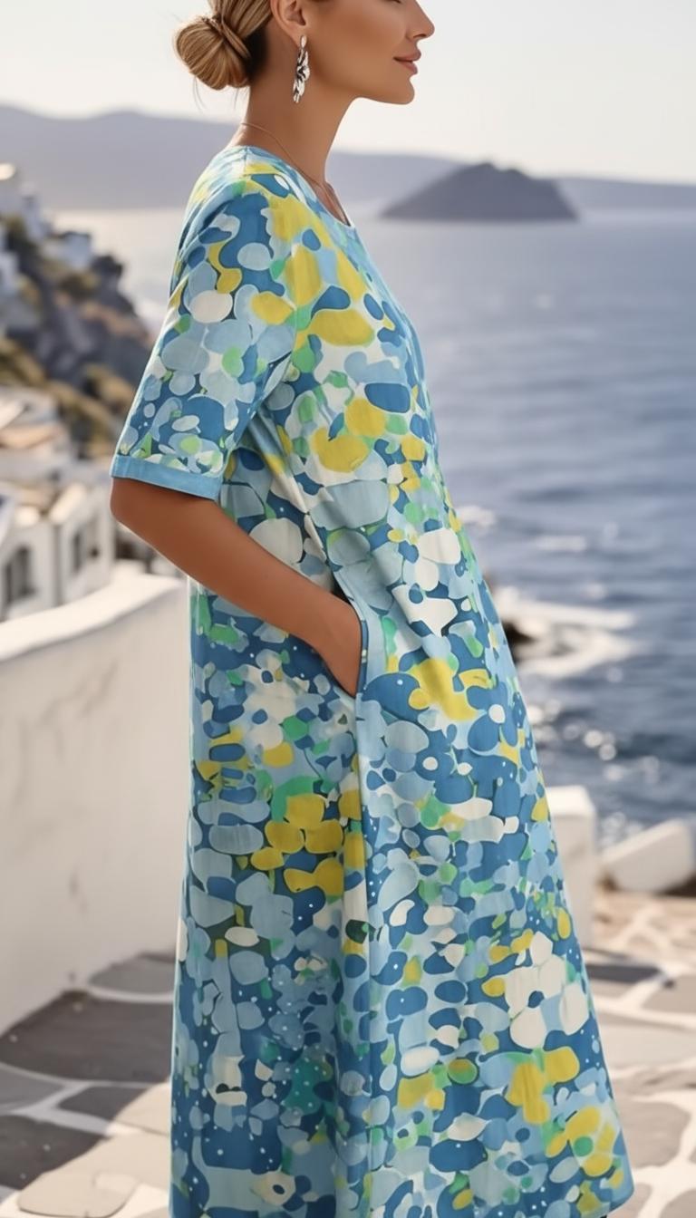 Abstrakt blommig midiklänning med kort ärm för dam-Midi Dress-Fjallbarn