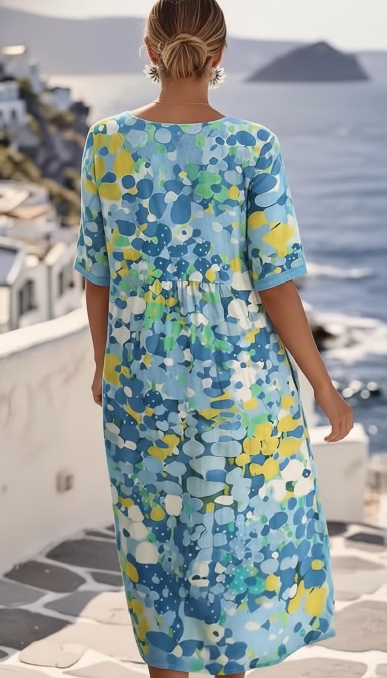 Abstrakt blommig midiklänning med kort ärm för dam-Midi Dress-Fjallbarn