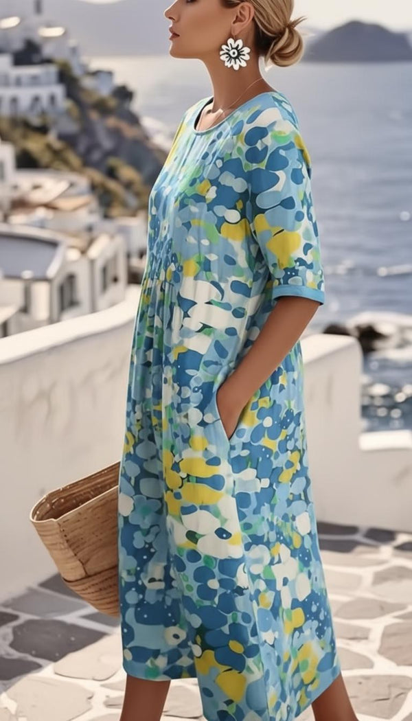 Abstrakt mönstrad midiklänning med kort ärm för dam-Midi Dress-Fjallbarn