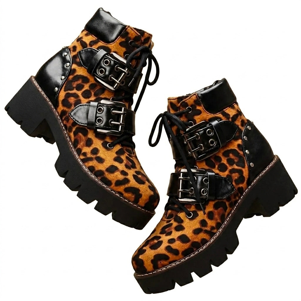 Ankelboots med leopardmönster och spännen för dam-Footwear for women-Fjallbarn