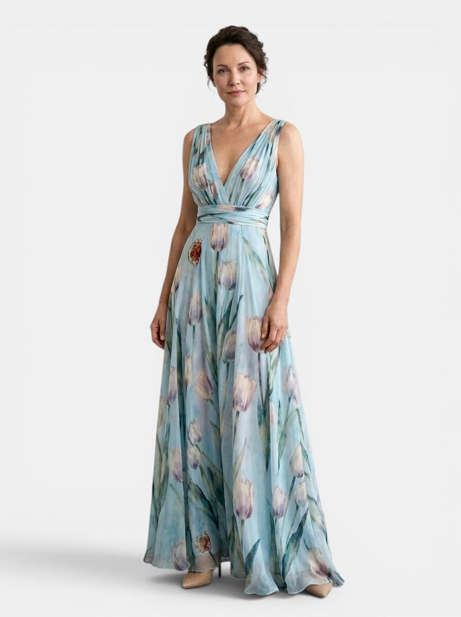 Ärmlös blommig maxiklänning med V-ringning för dam-Maxi Dress-Fjallbarn