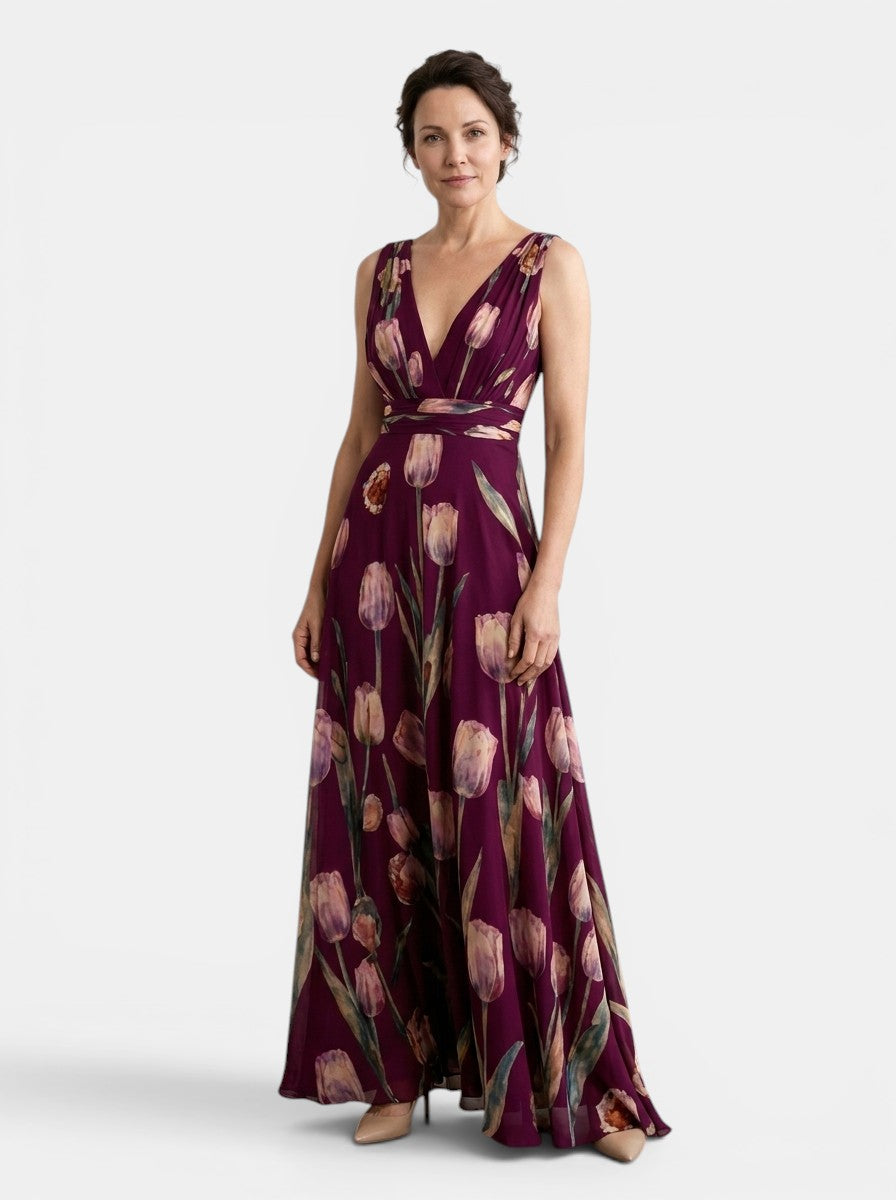 Ärmlös blommig maxiklänning med V-ringning för dam-Maxi Dress-Fjallbarn