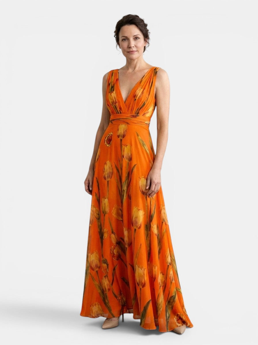 Ärmlös blommig maxiklänning med V-ringning för dam-Maxi Dress-Fjallbarn