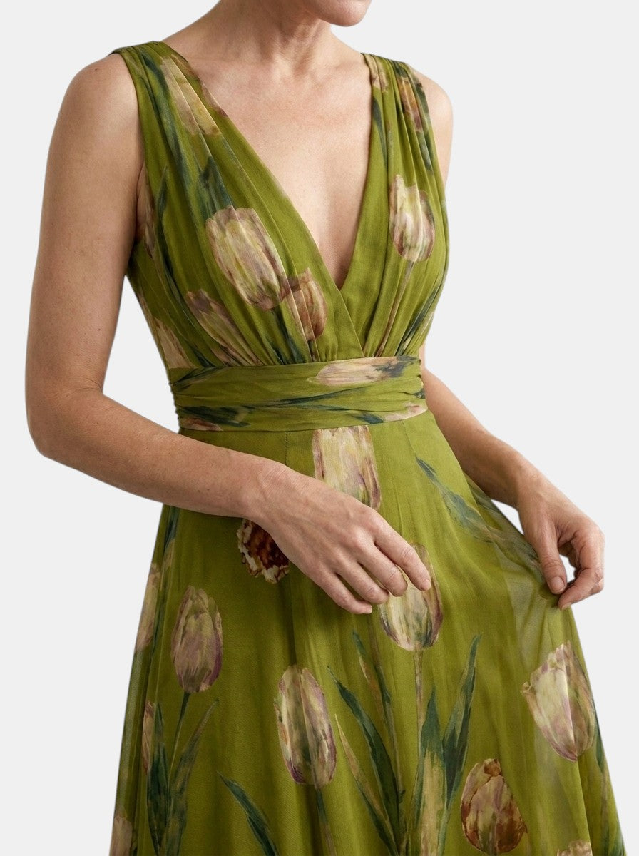 Ärmlös blommig maxiklänning med V-ringning för dam-Maxi Dress-Fjallbarn