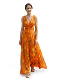 Ärmlös blommig maxiklänning med V-ringning för dam-Maxi Dress-Fjallbarn