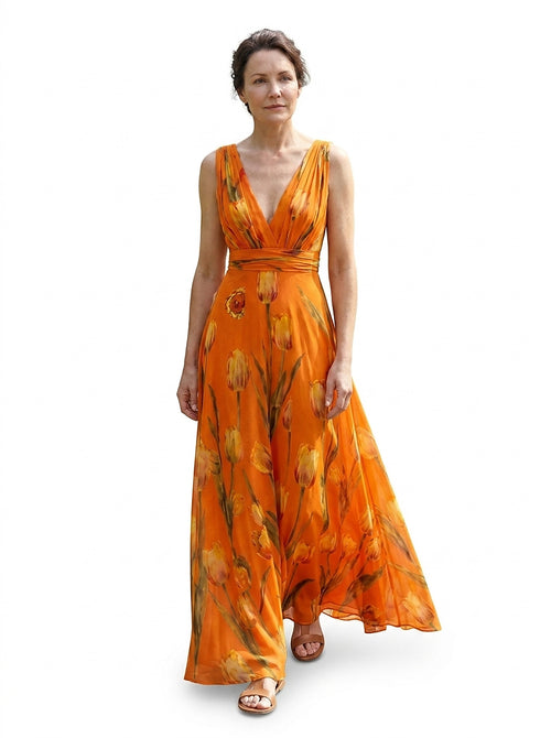 Ärmlös blommig maxiklänning med V-ringning för dam-Maxi Dress-Fjallbarn