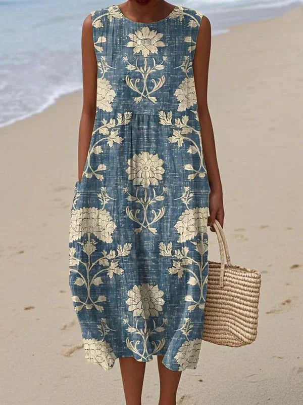 Ärmlös blommig midiklänning i patchwork-stil för dam-Midi Dress-Fjallbarn