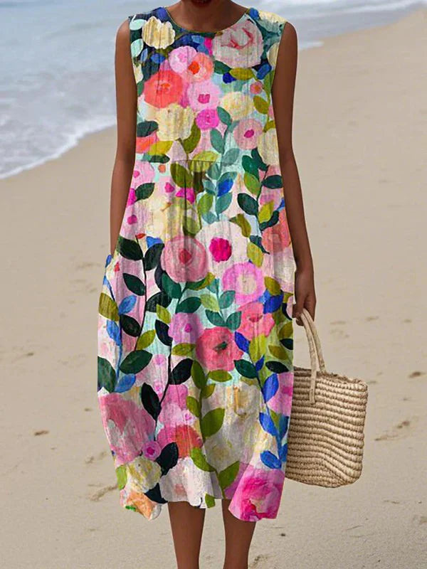 Ärmlös blommig midiklänning i patchwork-stil för dam-Midi Dress-Fjallbarn