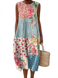 Ärmlös blommig midiklänning i patchwork-stil för dam-Midi Dress-Fjallbarn