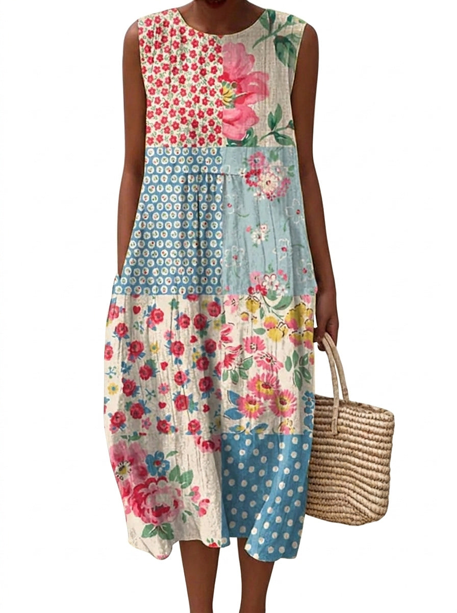 Ärmlös blommig midiklänning i patchwork-stil för dam-Midi Dress-Fjallbarn