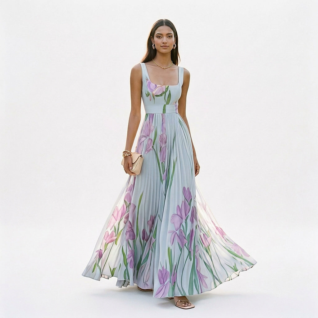 Ärmlös maxiklänning med blommigt tryck och veckad kjol för dam-Maxi Dress-Fjallbarn