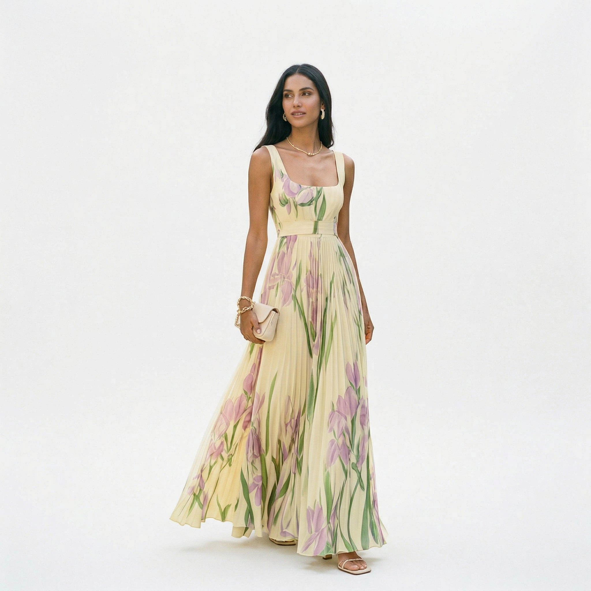 Ärmlös maxiklänning med blommigt tryck och veckad kjol för dam-Maxi Dress-Fjallbarn