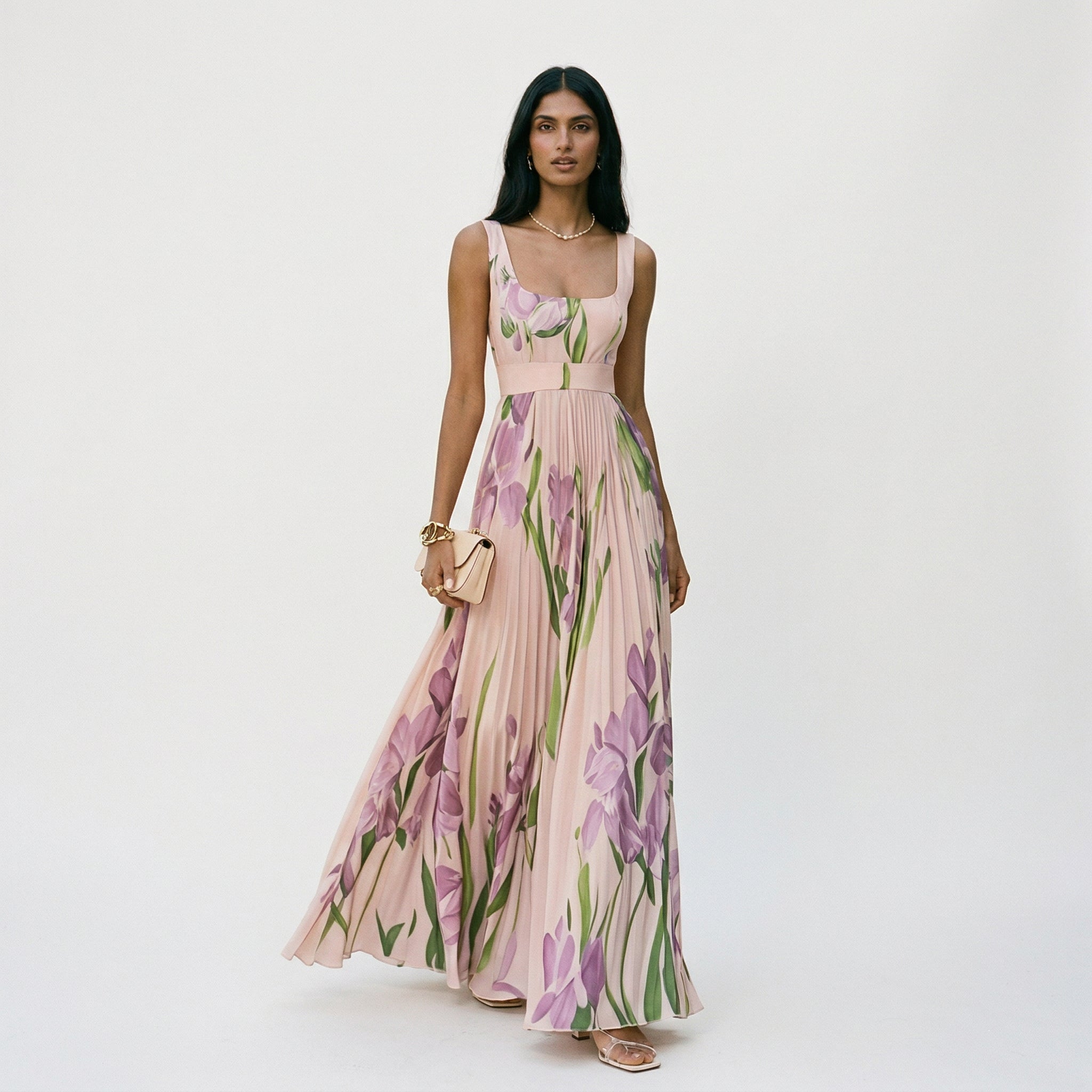 Ärmlös maxiklänning med blommigt tryck och veckad kjol för dam-Maxi Dress-Fjallbarn