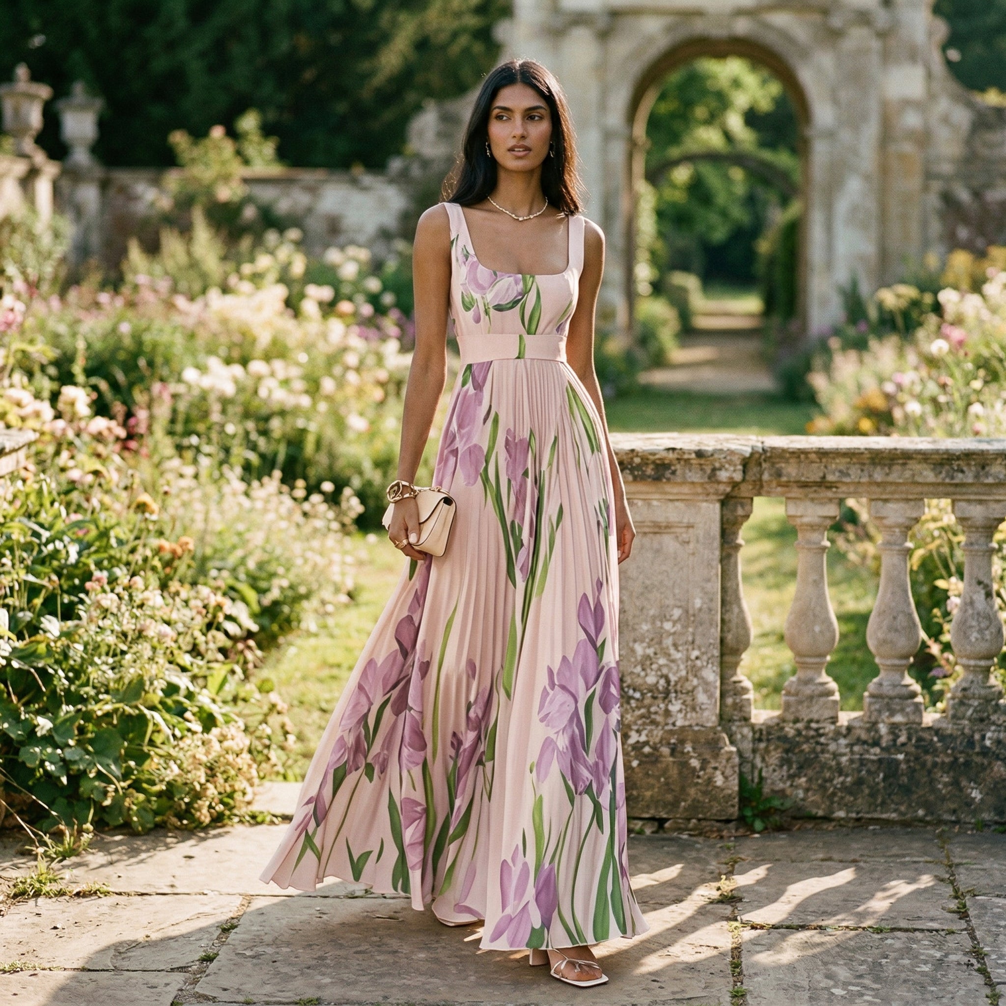 Ärmlös maxiklänning med blommigt tryck och veckad kjol för dam-Maxi Dress-Fjallbarn