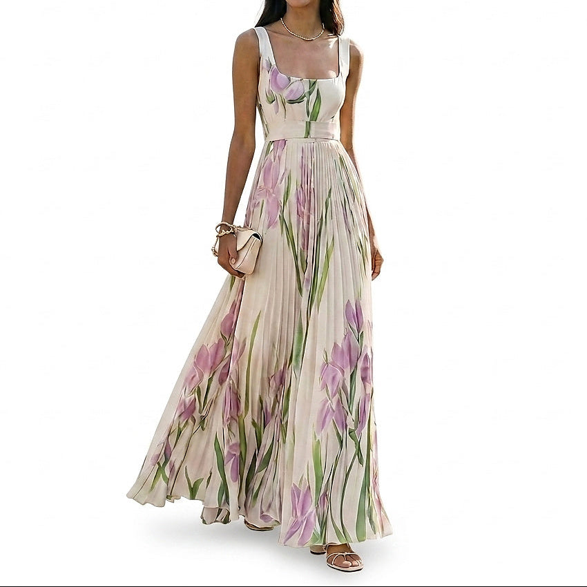 Ärmlös maxiklänning med blommigt tryck och veckad kjol för dam-Maxi Dress-Fjallbarn