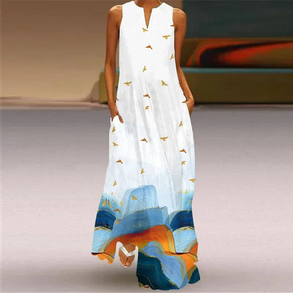 Ärmlös maxiklänning med fjärilsmönster för dam-Maxi Dress-Fjallbarn