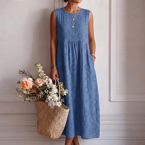 Ärmlös midiklänning för dam med hålsömsbroderi-Midi Dress-Fjallbarn