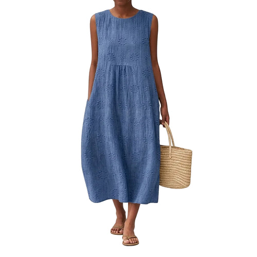 Ärmlös midiklänning för dam med hålsömsbroderi-Midi Dress-Fjallbarn