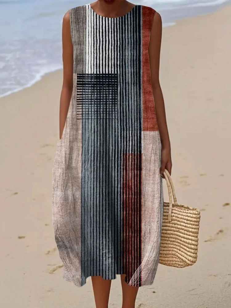 Ärmlös midiklänning med abstrakt mönster för dam-Midi Dress-Fjallbarn