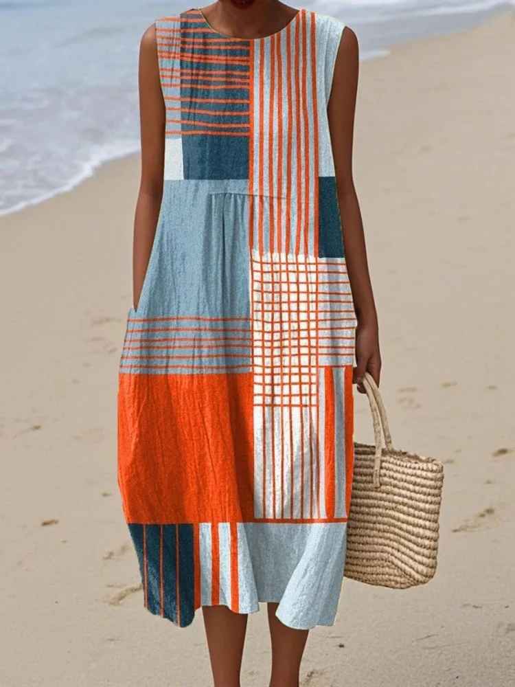 Ärmlös midiklänning med geometriskt mönster för dam-Midi Dress-Fjallbarn