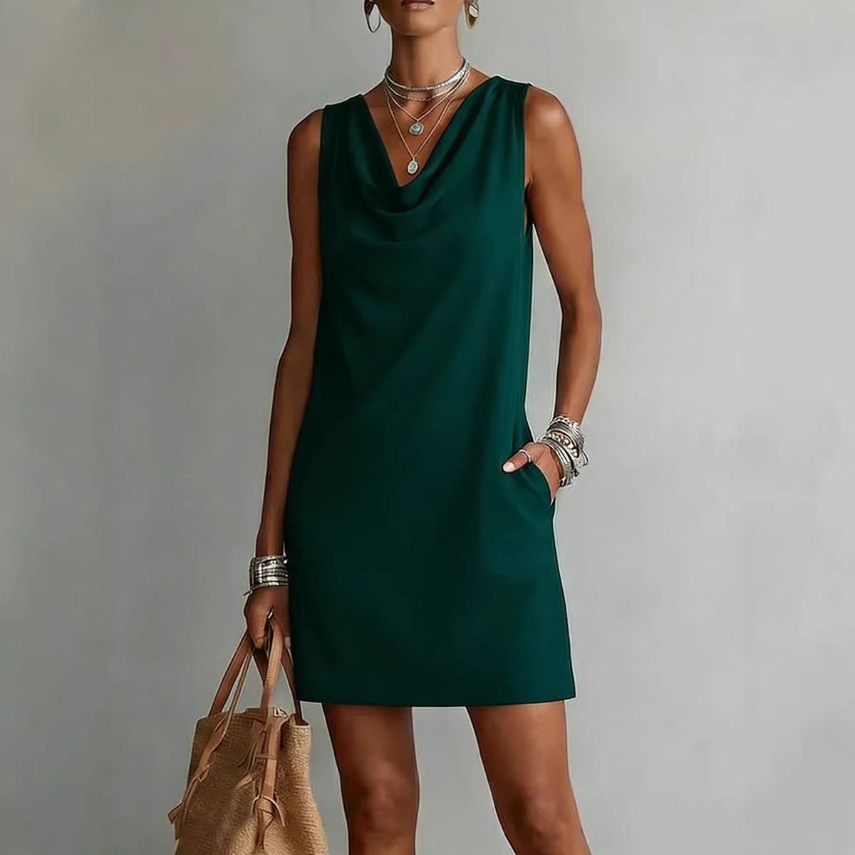Ärmlös miniklänning med draperad krage och fickor för dam-Mini Dress-Fjallbarn