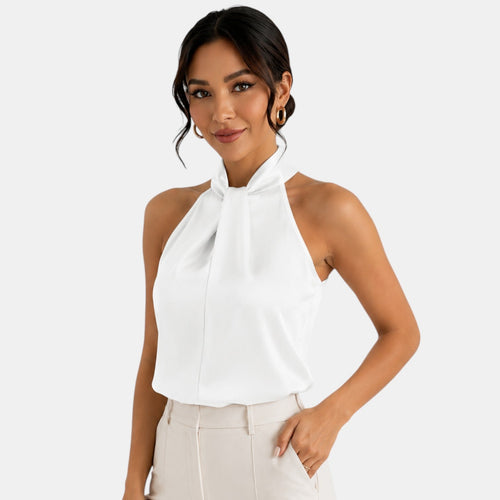 Ärmlös topp i satin med halterneck-Blouses for women-Fjallbarn