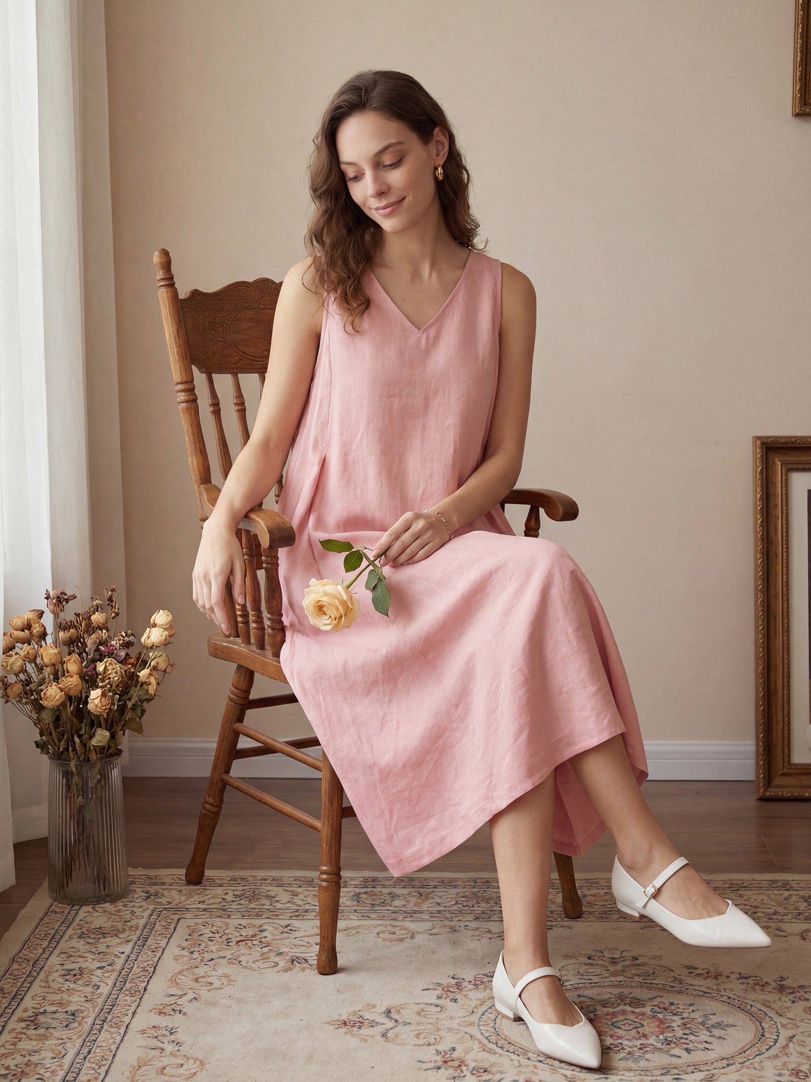 Ärmlös V-ringad midiklänning i linne för dam-Midi Dress-Fjallbarn