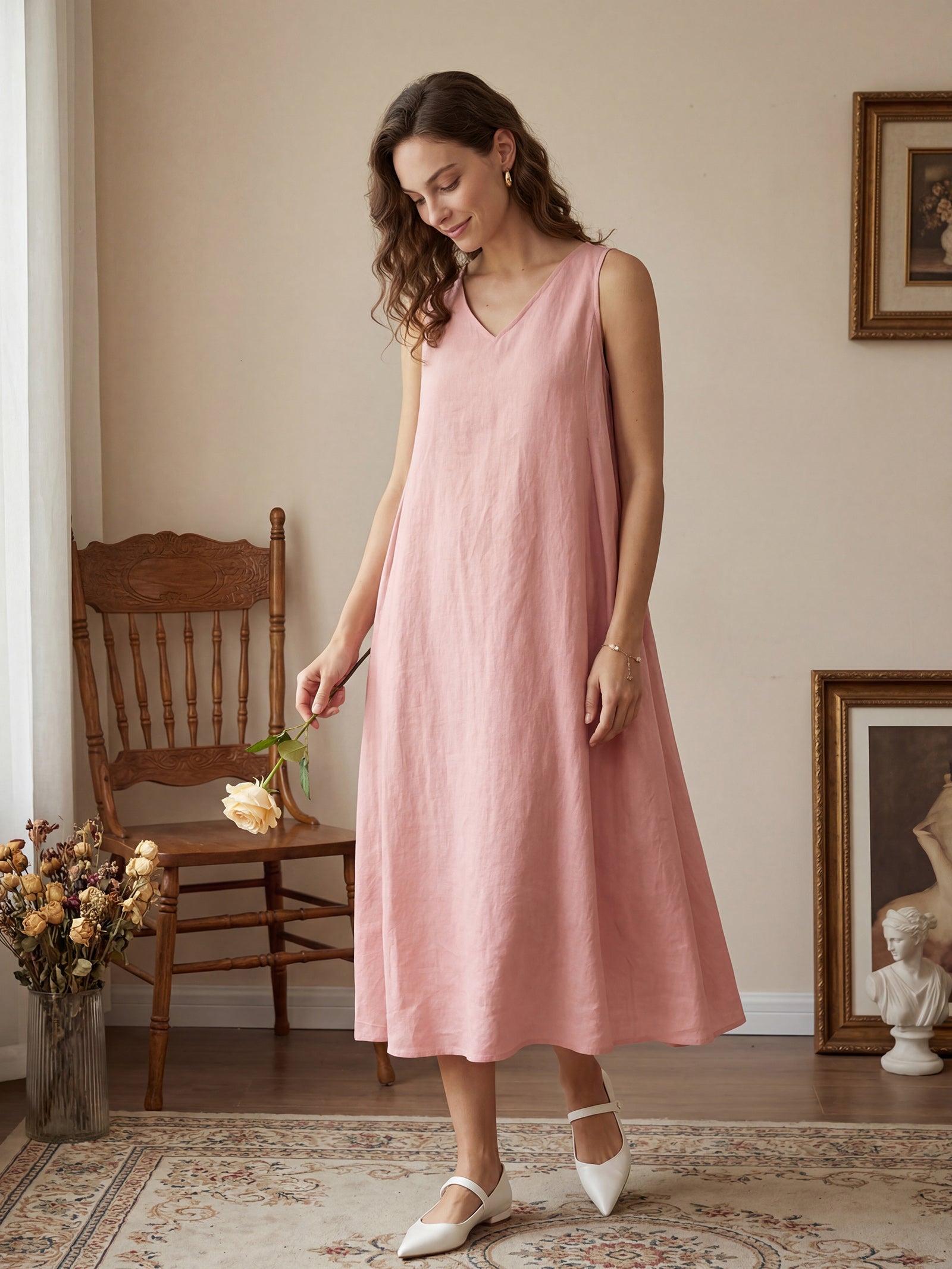 Ärmlös V-ringad midiklänning i linne för dam-Midi Dress-Fjallbarn