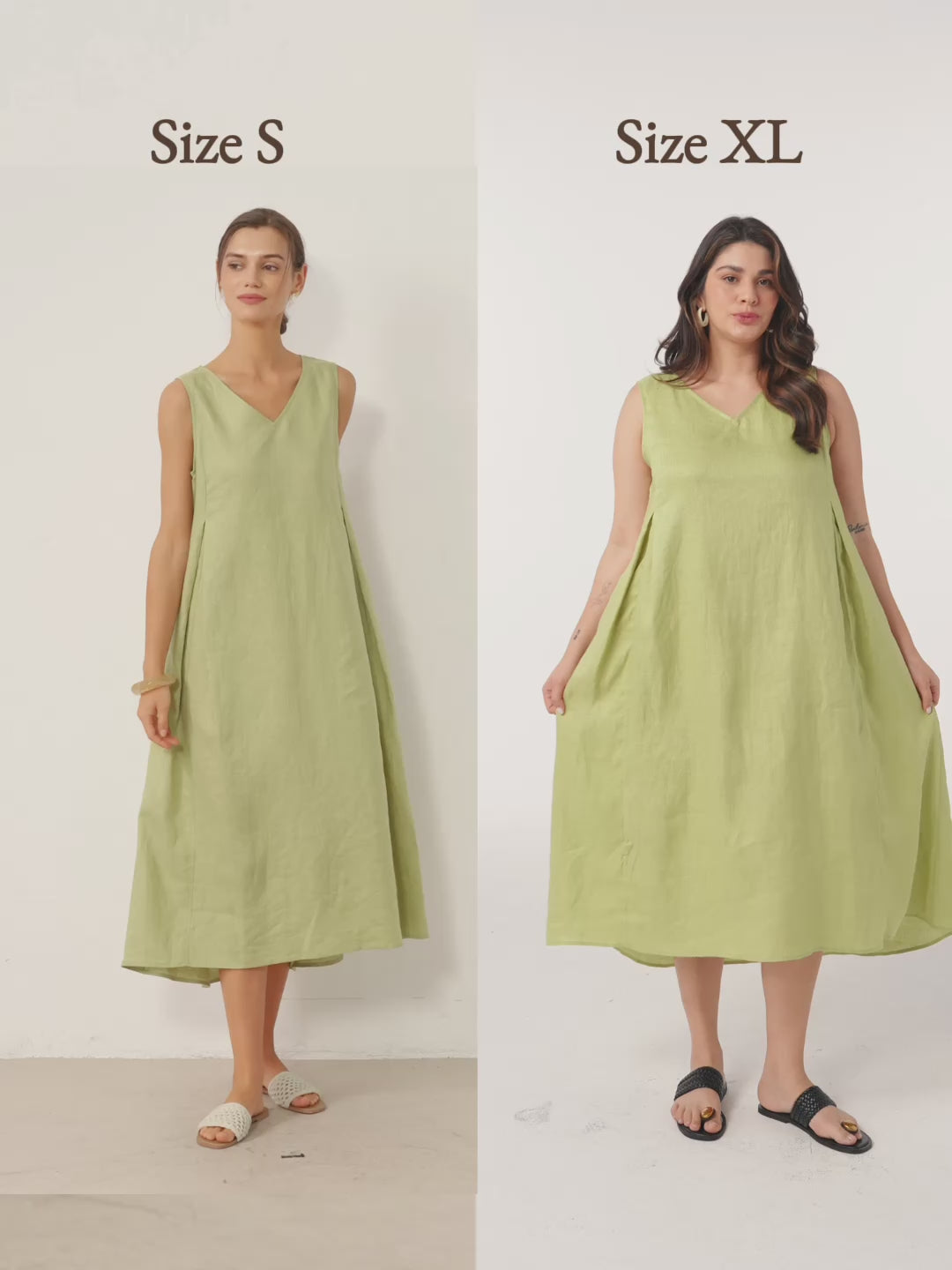 Ärmlös V-ringad midiklänning i linne för dam-Midi Dress-Fjallbarn