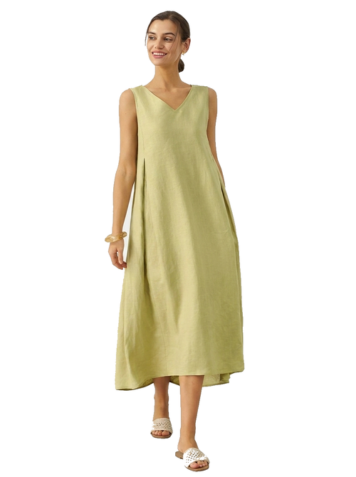 Ärmlös V-ringad midiklänning i linne för dam-Midi Dress-Fjallbarn