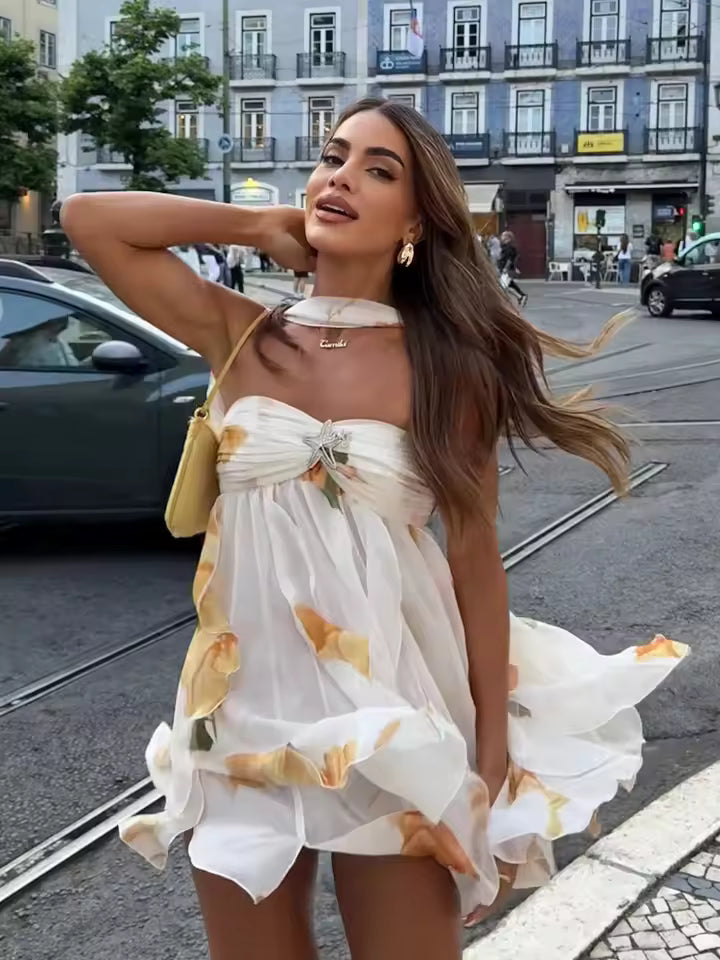 Axelbandslös blommig miniklänning för dam-Mini Dress-Fjallbarn