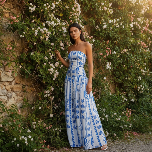 Axelbandslös mönstrad maxiklänning för dam-Maxi Dress-Fjallbarn