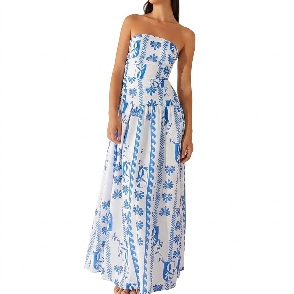 Axelbandslös mönstrad maxiklänning för dam-Maxi Dress-Fjallbarn