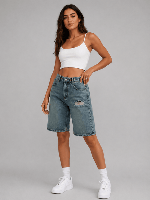 Bermudashorts i denim med hög midja för dam-Shorts for women-Fjallbarn