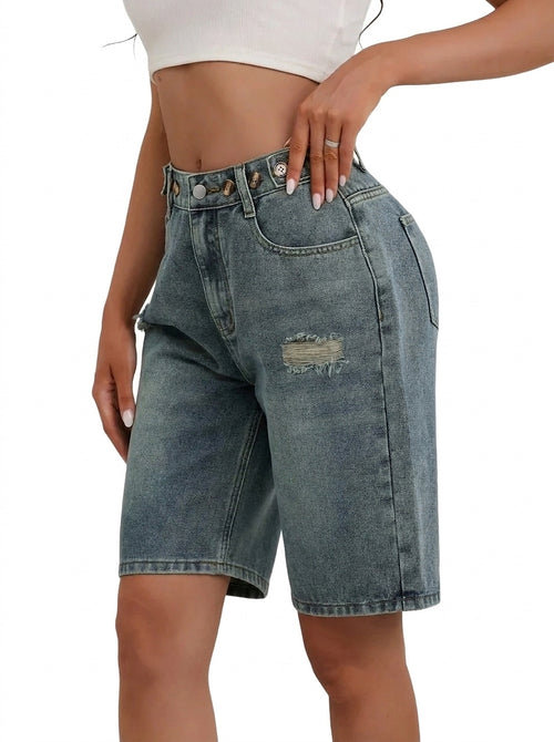 Bermudashorts i denim med hög midja för dam-Shorts for women-Fjallbarn