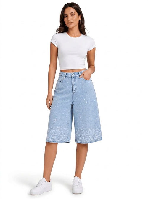 Bermudashorts med hög midja och strass för dam-Shorts for women-Fjallbarn