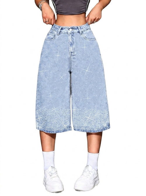 Bermudashorts med hög midja och strass för dam-Shorts for women-Fjallbarn
