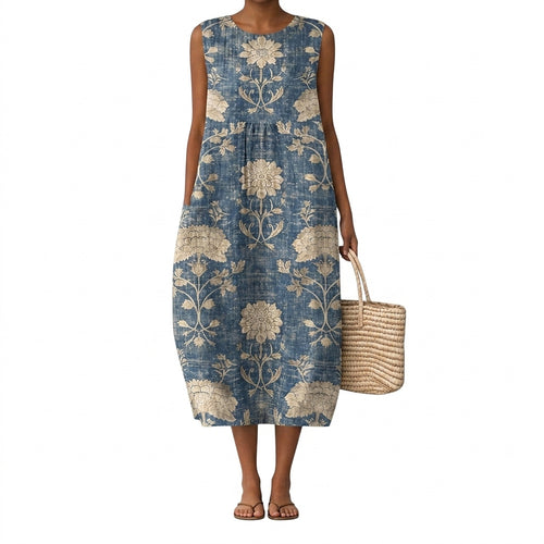 Blommig ärmlös midiklänning för dam-Midi Dress-Fjallbarn