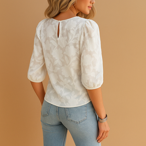 Blommig damblus med puffärm och rund halsringning-Blouses for women-Fjallbarn