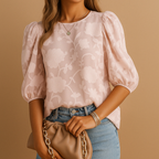 Blommig damblus med puffärm och rund halsringning-Blouses for women-Fjallbarn