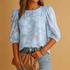 Blommig damblus med puffärm och rund halsringning-Blouses for women-Fjallbarn