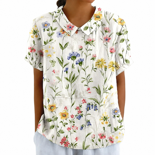 Blommig kortärmad blus med Peter Pan-krage för dam-Blouses for women-Fjallbarn