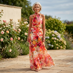Blommig maxiklänning med halterneck för dam-Maxi Dress-Fjallbarn