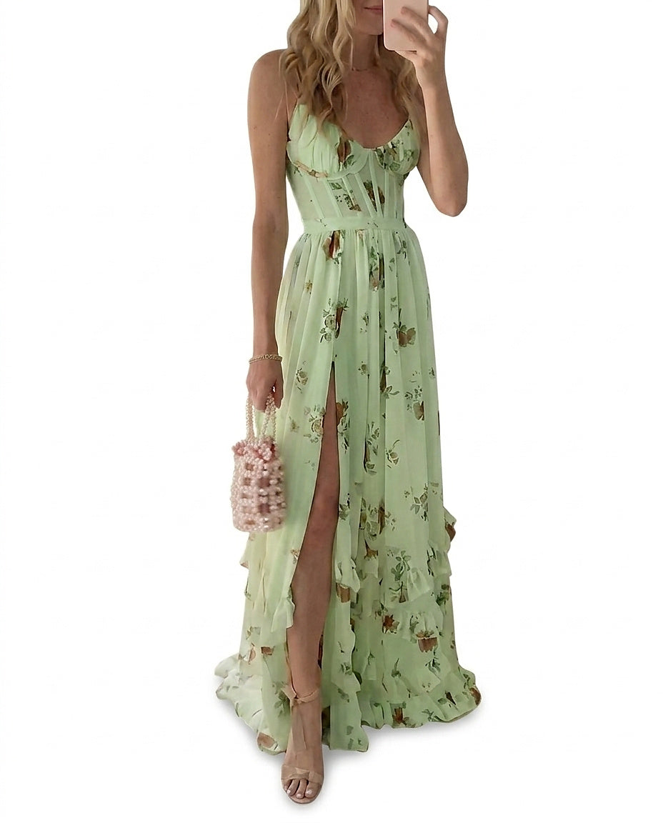 Blommig maxiklänning med korsettliv för dam-Maxi Dress-Fjallbarn