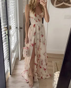 Blommig maxiklänning med korsettliv för dam-Maxi Dress-Fjallbarn