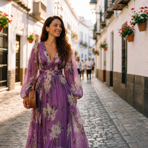 Blommig maxiklänning med V-ringning för dam-Maxi Dress-Fjallbarn