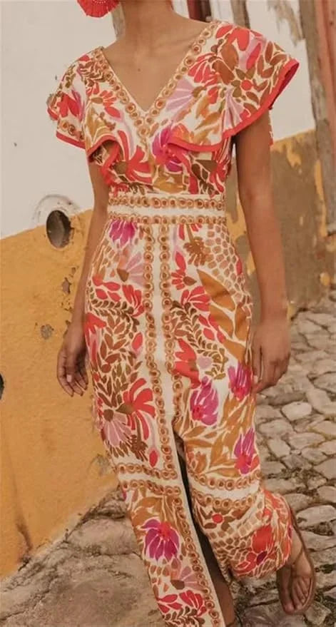 Blommig maxiklänning med V-ringning för dam-Maxi dresses-Fjallbarn