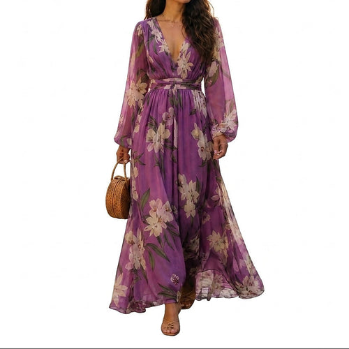 Blommig maxiklänning med V-ringning för dam-Maxi Dress-Fjallbarn