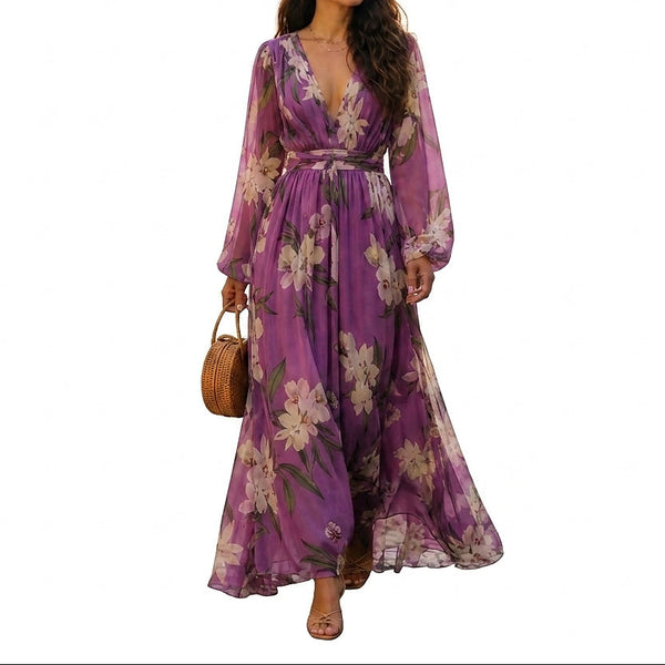 Blommig maxiklänning med V-ringning för dam-Maxi Dress-Fjallbarn