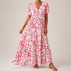 Blommig maxiklänning med V-ringning och volanger för dam-Maxi Dress-Fjallbarn